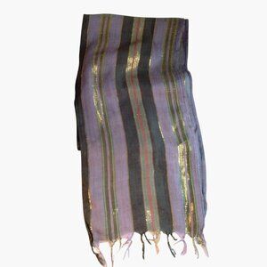 MISSING Purple Black Striped Scarf Handwoven Gold Accents  Fringe Boho festival